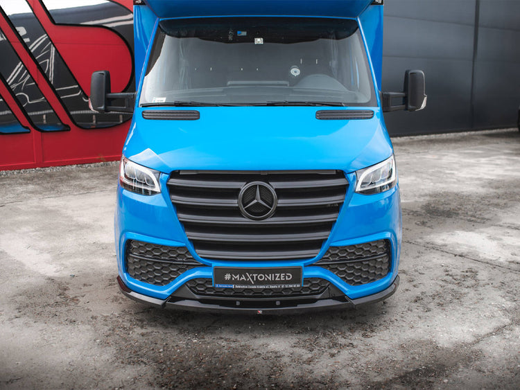 Mercedes-Benz Sprinter Mk3 front splitter by MAXTON® DESIGN, showcasing the sleek body styling component on a white vehicle.