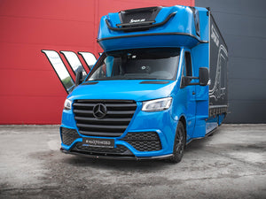 Mercedes-Benz Sprinter Mk3 front splitter by MAXTON® DESIGN, enhances vehicle's body styling with a sleek, aerodynamic look.