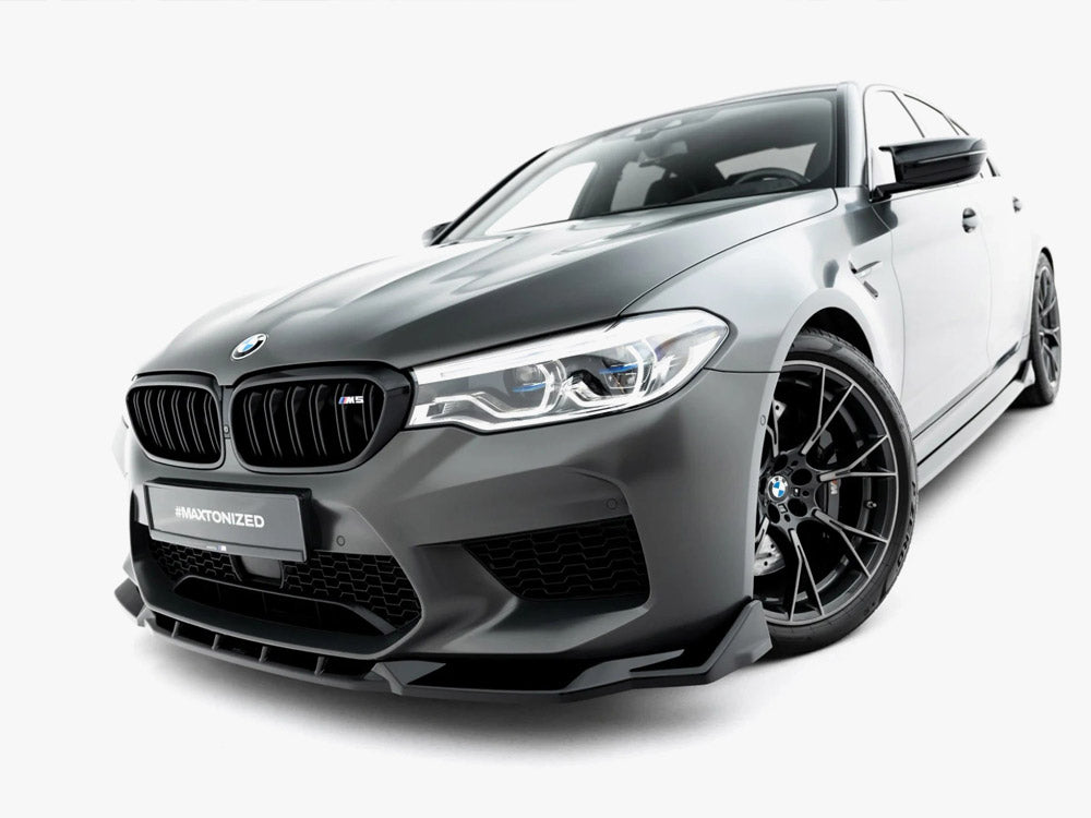 Maxton Design BMW M5 F90 front splitter V.3 in black, made of durable body and styling material, enhances aerodynamics and sporty look.