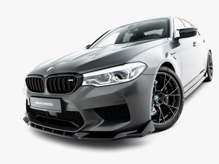 Maxton Design BMW M5 F90 front splitter V.3 in black, made of durable body and styling material, enhances aerodynamics and sporty look.