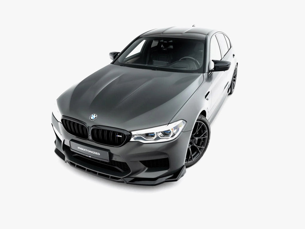 Maxton Design Front Splitter V.3 for BMW M5 F90, black aerodynamic body styling part with textured surface and mounting points.