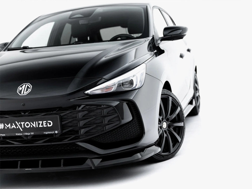 Maxton Design Front Splitter V.2 MG 3 Mk1 body and styling part, shown on a vehicle, in black with aerodynamic design features.